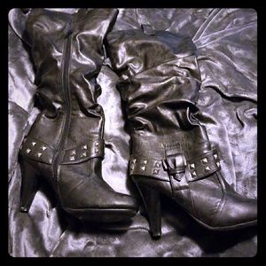 Black leather knee high boots